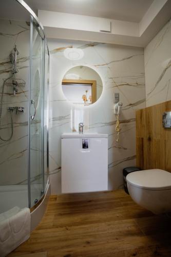 a bathroom with a shower and a sink and a toilet at Tramontana Family & Wellness in Darlowko