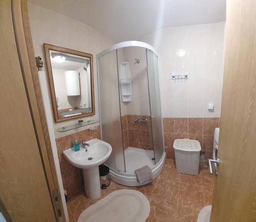 een badkamer met een douche en een wastafel bij Apartman Đorđević in Kraljevo