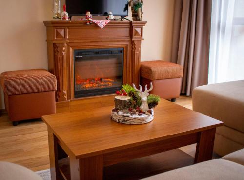 a living room with a coffee table with a fireplace at GO GO RILA PARK in Borovets