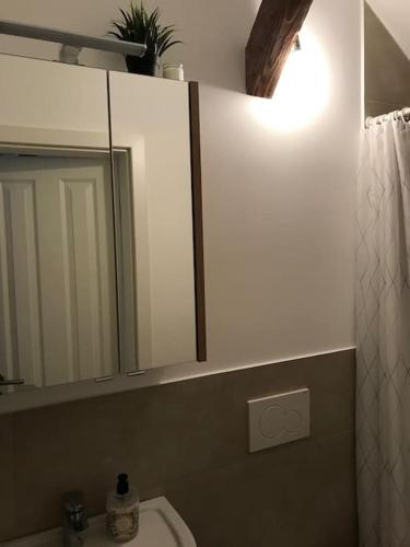 ein Badezimmer mit einem Waschbecken, einem Spiegel und einem WC in der Unterkunft Ferienhaus „uff‘m Woikeller“ in Meckenheim
