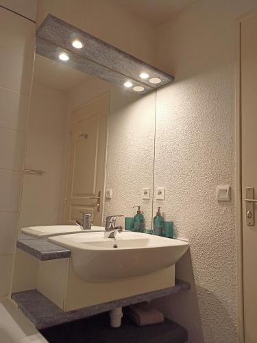 une salle de bain avec un lavabo et un grand miroir dans l'établissement T3 avec terrasse 6 personnes, La Joue du Loup, à La Joue du Loup