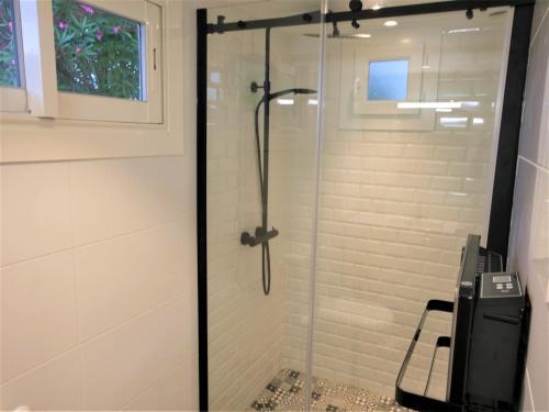 La salle de bains est pourvue d'une douche avec une porte en verre. dans l'établissement Charmant T2 bord de mer, à Anglet