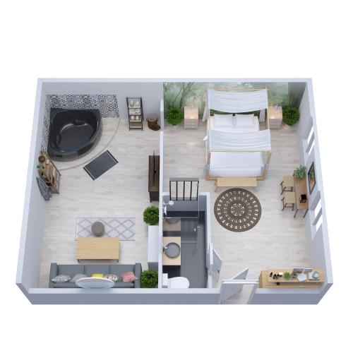 d'un plan d'étage d'une maison dans l'établissement L'Evasion romantique en Amazonie, SPA, Écran cinéma, day use, Lit baldaquin, à Évreux