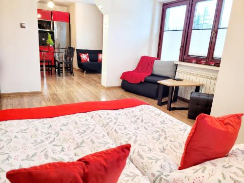 a living room with a bed and a couch at HAFCIK Apartamenty in Poronin
