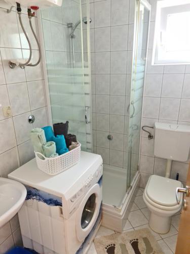 a bathroom with a washing machine and a toilet at Apartman Branka in Povljana