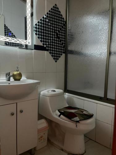 a bathroom with a toilet and a sink and a shower at Los queñes Country House in Los Queñes