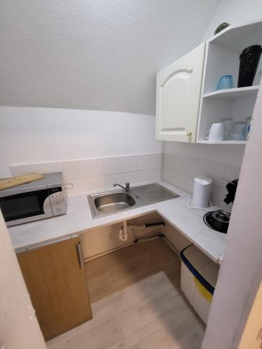 a small kitchen with a sink and a microwave at Andrei Ferienwohnung in Marktbreit