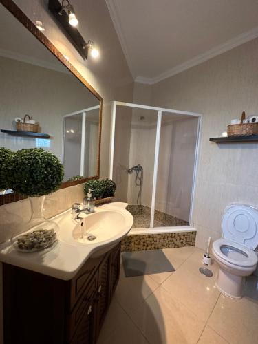 Ocean Guesthouse Baleal في فيريل: حمام مع حوض ودش ومرحاض