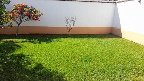 a yard with green grass and a white wall at Mario y Jeannette in Alajuela