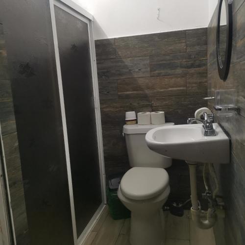 La salle de bains est pourvue de toilettes et d'un lavabo. dans l'établissement Casa marthita, à Cozumel