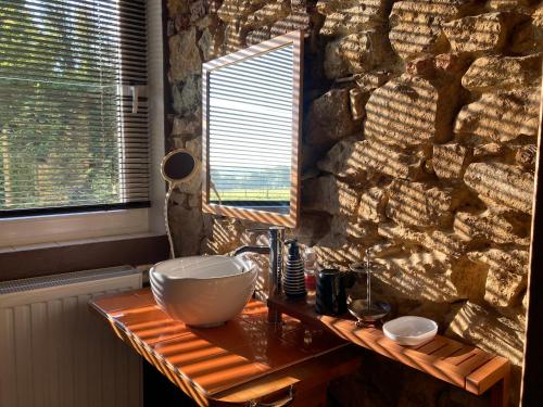 a bathroom with a sink and a stone wall at L'aire des oiseaux in Muno