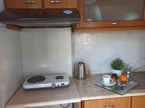 a kitchen counter with a stove and a cup of coffee at Central Fountain in Asprovalta