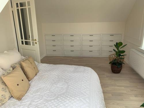 Un dormitorio con una cama blanca con almohadas y una planta en Room with the view!, en Haapsalu