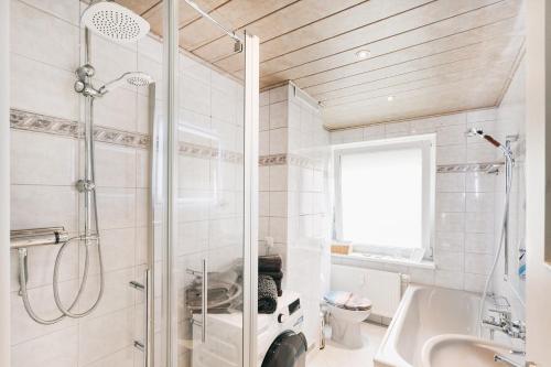 PorschdorfFeWo in ruhiger Lage am Wanderweg zum Lilienstein的带淋浴、马桶和水槽的浴室