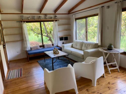 uma sala de estar com um sofá e uma mesa em Casa Amatista Travels em Vicuña