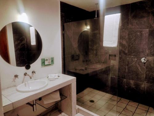 a bathroom with a sink and a shower at Hotel CLARUM 101 in Guadalajara