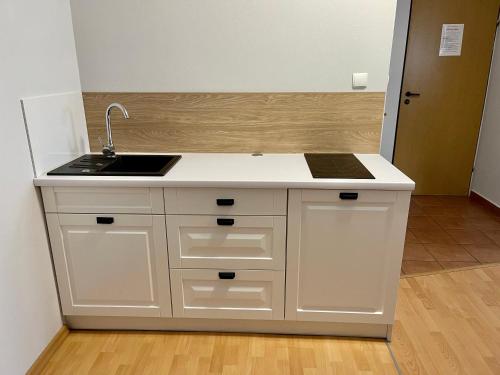 a kitchen with a sink and a counter top at Willa Bursztyn in Dębki