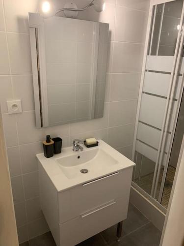 une salle de bain blanche avec un lavabo et un miroir dans l'établissement Superbe duplex vue montagne., à Gréolières