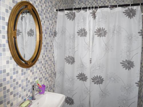a bathroom with a shower curtain with a sink at Mixtech Vacation Home -MVH in Sunyani