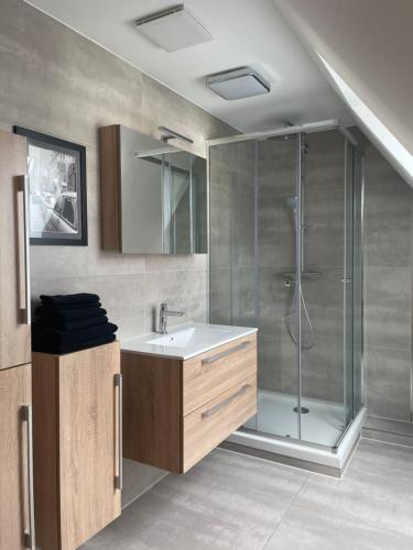 a bathroom with a sink and a shower at Ferienhaus L45 in Elsterheide