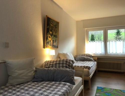 a living room with two beds and a couch at Ferienwohnung Päusken mit Rosengarten im Hochsauerland in Bestwig