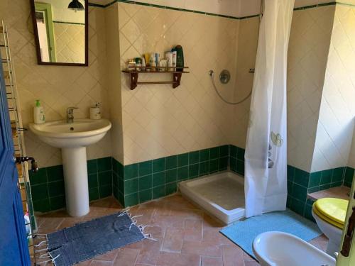 a bathroom with a sink and a toilet and a shower at Loft in Chianti in medieval watermill in Gaiole in Chianti