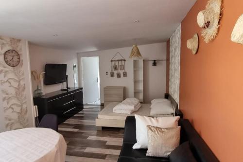 een slaapkamer met 2 bedden, een bank en een tv bij Le Cocon in Balaruc-les-Bains