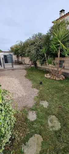 une cour avec de l'herbe, des arbres et une clôture dans l'établissement Le Cocon, à Balaruc-les-Bains
