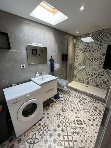 een badkamer met een wasmachine en een wastafel bij Le Cocon in Balaruc-les-Bains