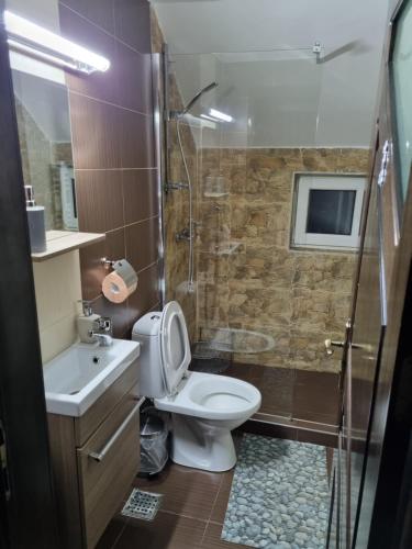 y baño con aseo, ducha y lavamanos. en Cabana Trei Brazi Bucovina cu ciubar en Gura Humorului