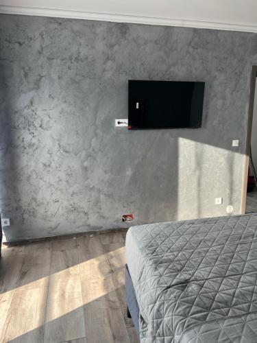 a bedroom with a bed and a tv on a wall at Sarah relax2 in Drobeta-Turnu Severin