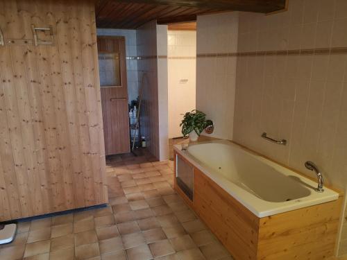 une grande salle de bains avec une baignoire et une plante dans l'établissement Ferienwohnung Tschengla mit eigener Sonnenterrasse - Wiese - Wlan - Netflix, à Bürserberg