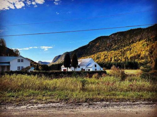 a white house in a field with mountains in the background at Appartement Mont Édouard, Hébergement paisible à la montagne in LʼAnse-Saint-Jean