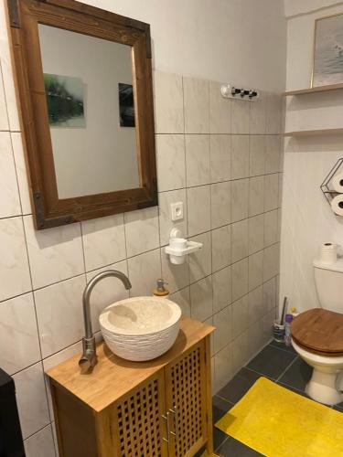 uma casa de banho com um lavatório e um WC em Bungalow APETAHI em Faaa