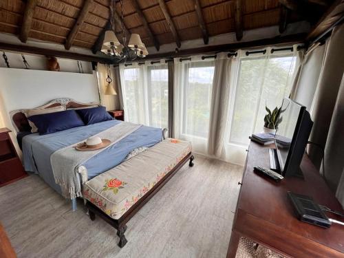 ein Schlafzimmer mit einem Bett und einem Fernseher und Fenstern in der Unterkunft La Roja. Vivir naturaleza, a pasos del océano. in La Pedrera