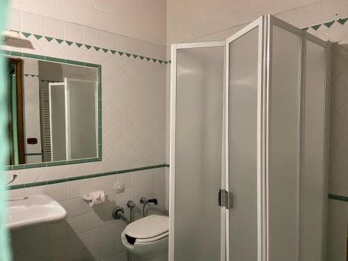 a bathroom with a toilet and a sink and a mirror at Agriturismo Relais Villa Passerini in Grosseto