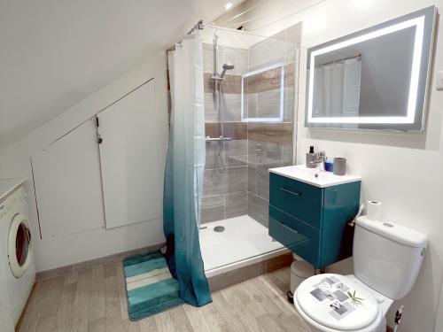 La salle de bains est pourvue d'une douche, de toilettes et d'un lavabo. dans l'établissement Escapade Morétaine - Le Loft, à Moret-sur-Loing