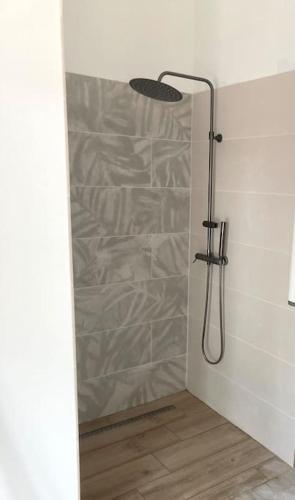 une douche avec une porte vitrée dans une salle de bain dans l'établissement Maison Piscine Sauna 5min Centre Aix - Casa G., à Aix-en-Provence