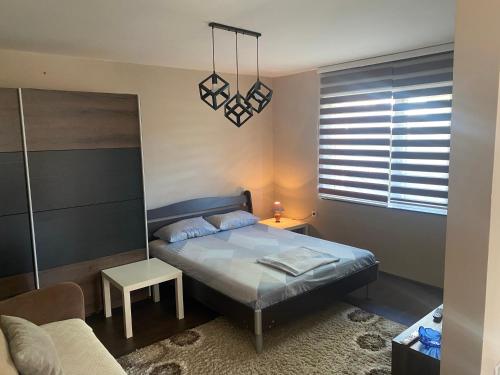 a bedroom with a bed and a couch and a lamp at Arni apartments in Donja Vrežina