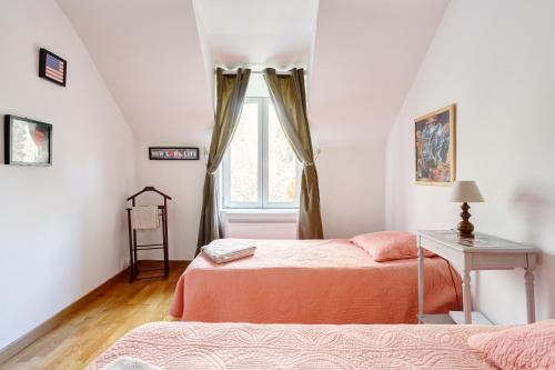 a bedroom with two beds and a window at Le Moulin de Dannemarie in Dannemarie