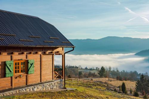 a wooden house with a roof on a hill with a view at Tarovuk cabin in Zaovine