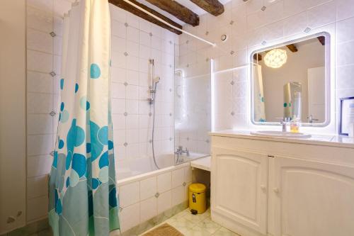 a bathroom with a tub and a shower curtain at Le Moulin de Dannemarie in Dannemarie