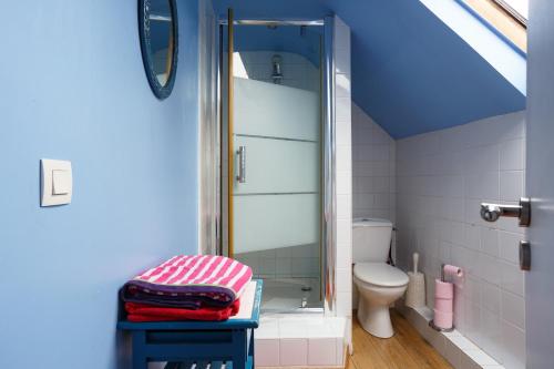 a bathroom with a toilet and a glass shower at Le Moulin de Dannemarie in Dannemarie
