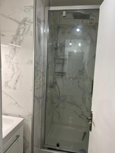une douche avec une porte vitrée dans une salle de bain dans l'établissement Rouen Quai de Seine // Proche DOCKS // Proche des Transports // Calme et Agréable, à Rouen