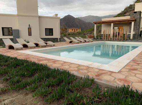 a swimming pool with chairs and a house at Complejo Los Olivos in Cafayate