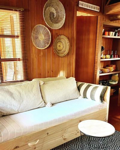 a couch in a room with wooden walls at Casa do Ouriço in Figueiró dos Vinhos