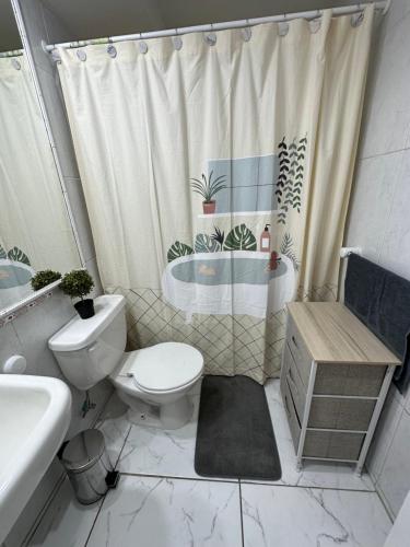 a bathroom with a toilet and a shower curtain at Linda Vista in Iquique