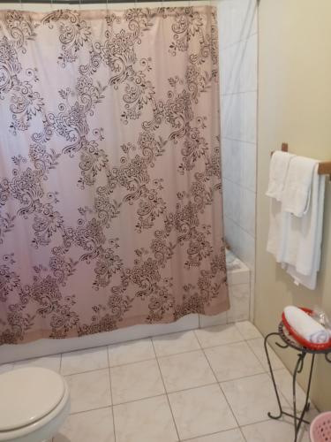 a bathroom with a shower curtain and a toilet at Royal Villa 360 in Port Antonio