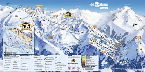 a map of a ski resort with snow covered mountains at Studio pied des pistes 4 personnes in Les Deux Alpes