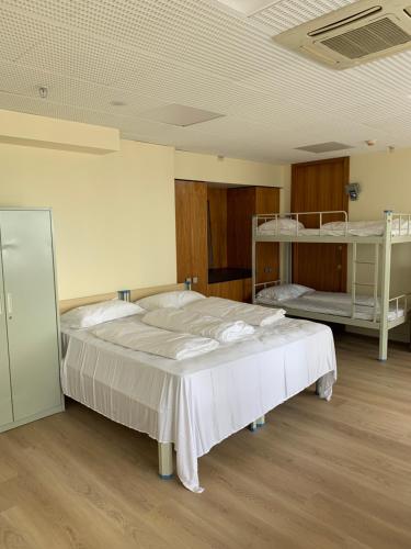 a bedroom with a large bed and bunk beds at Garden Hostel in Auckland